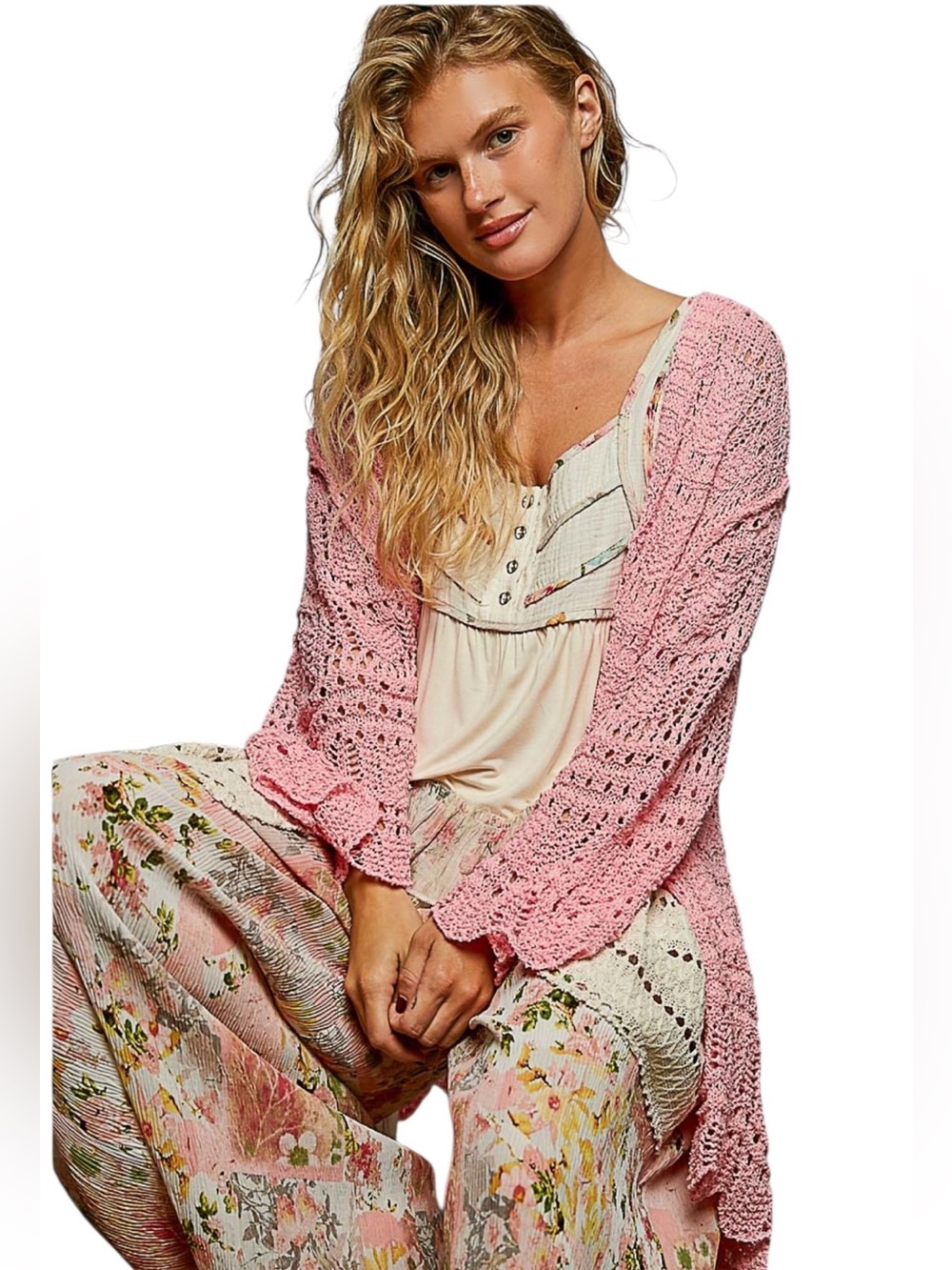 POL PINK Crochet Long Bell Sleeve Cardigan